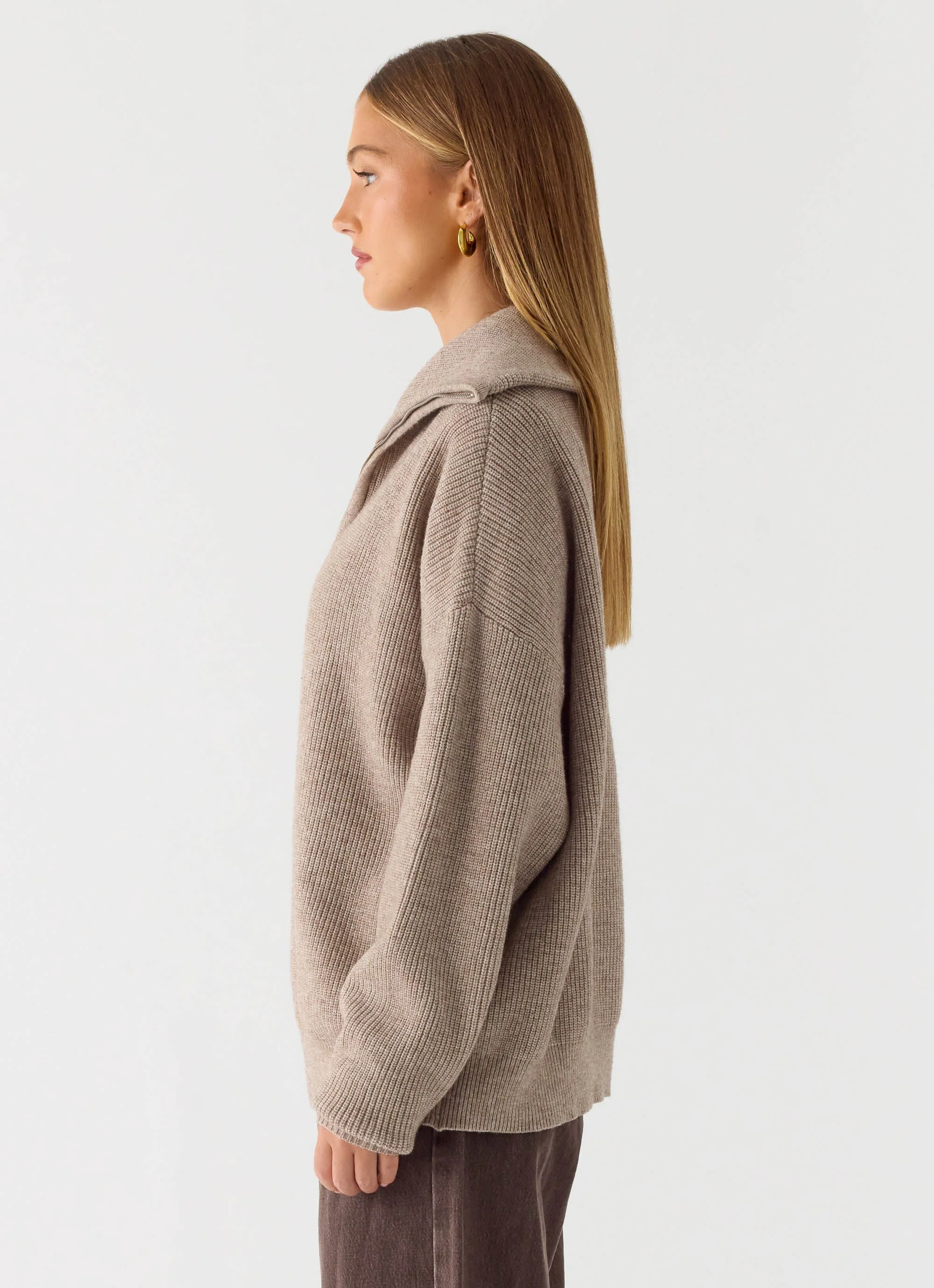 Eirena Quarter Zip Knit Sweater - Tan - Image 3