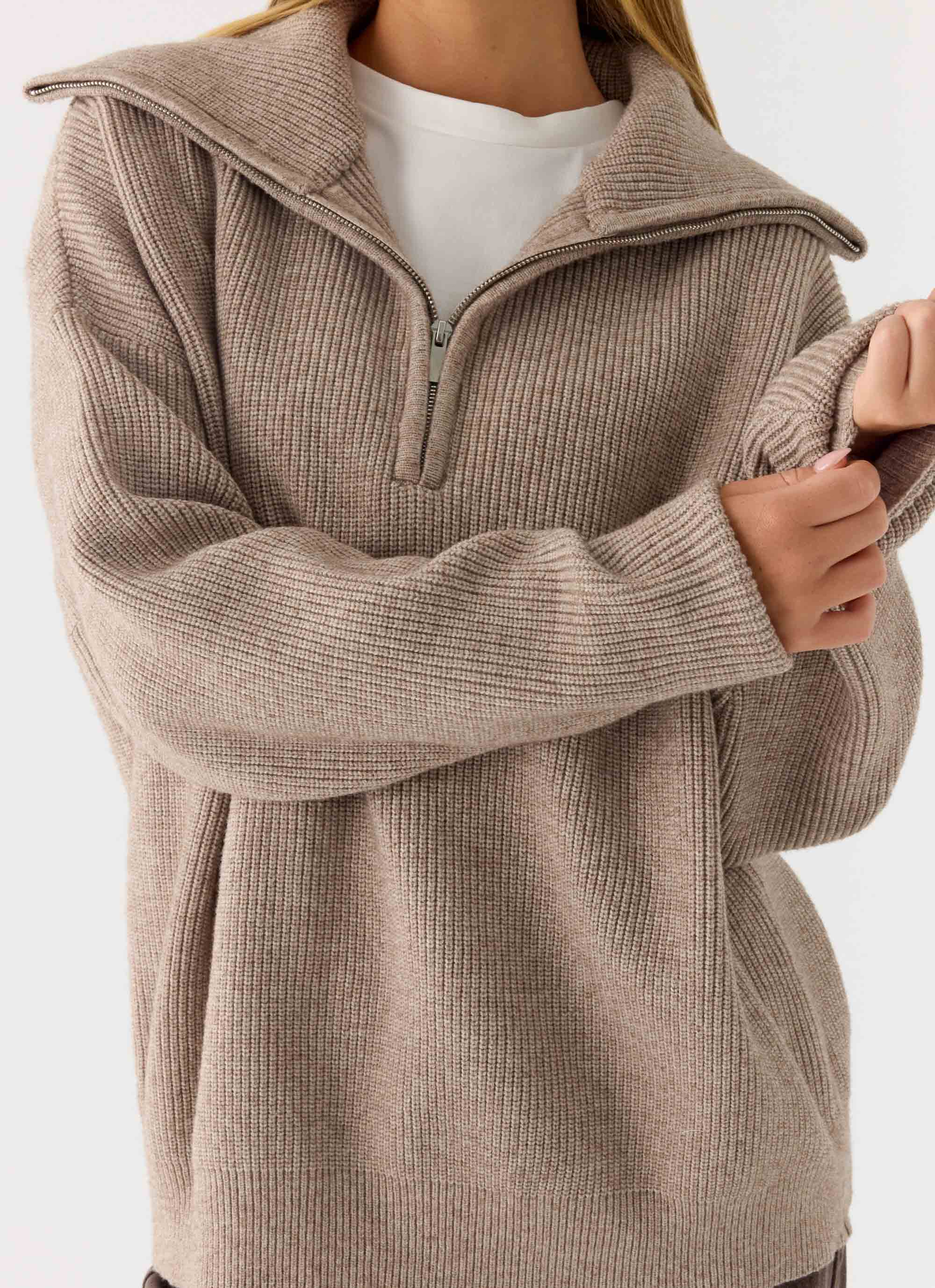 Eirena Quarter Zip Knit Sweater - Tan - Image 5