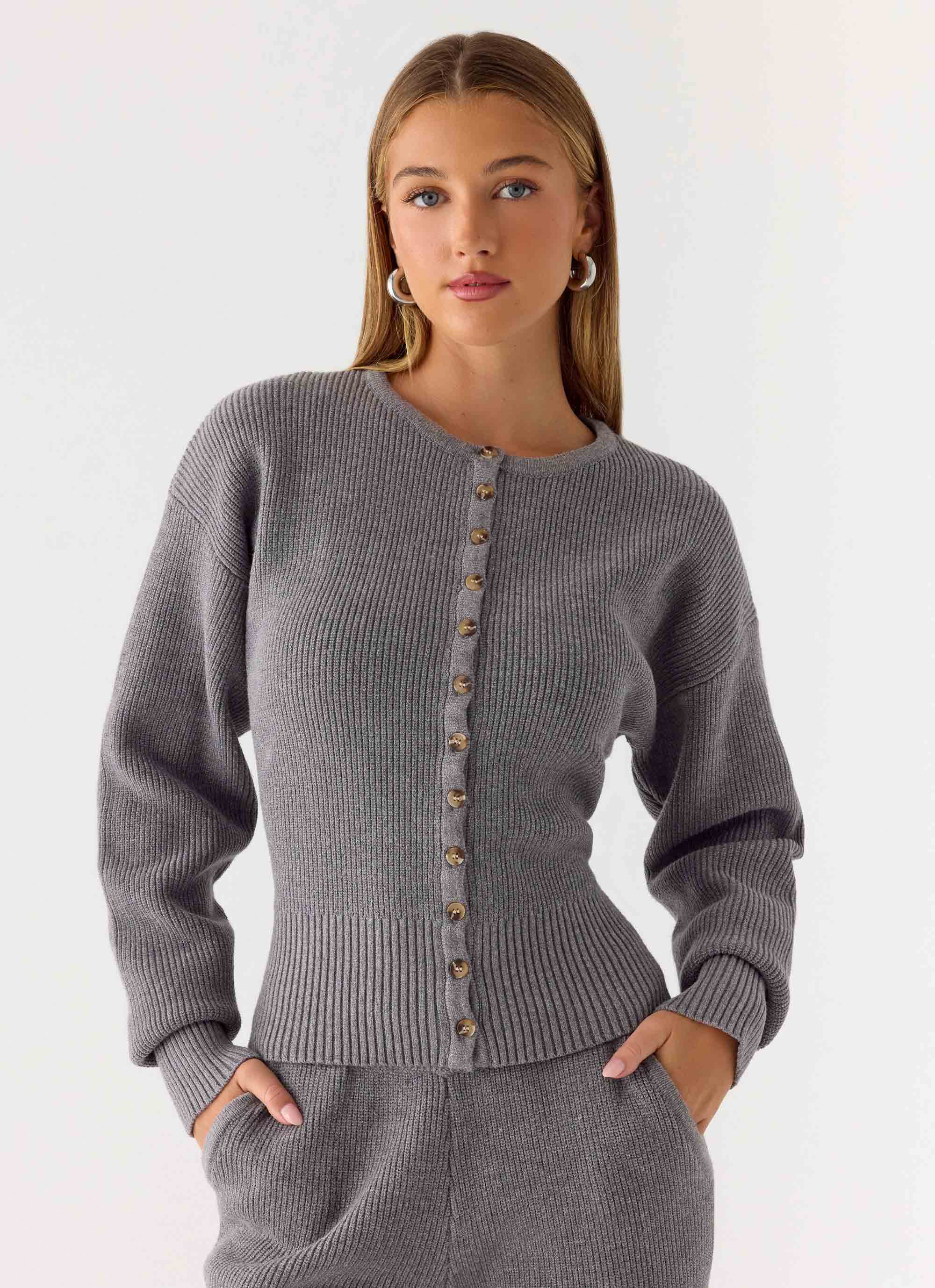 Harrison Cinched Knit Cardigan - Marle Grey - Image 2