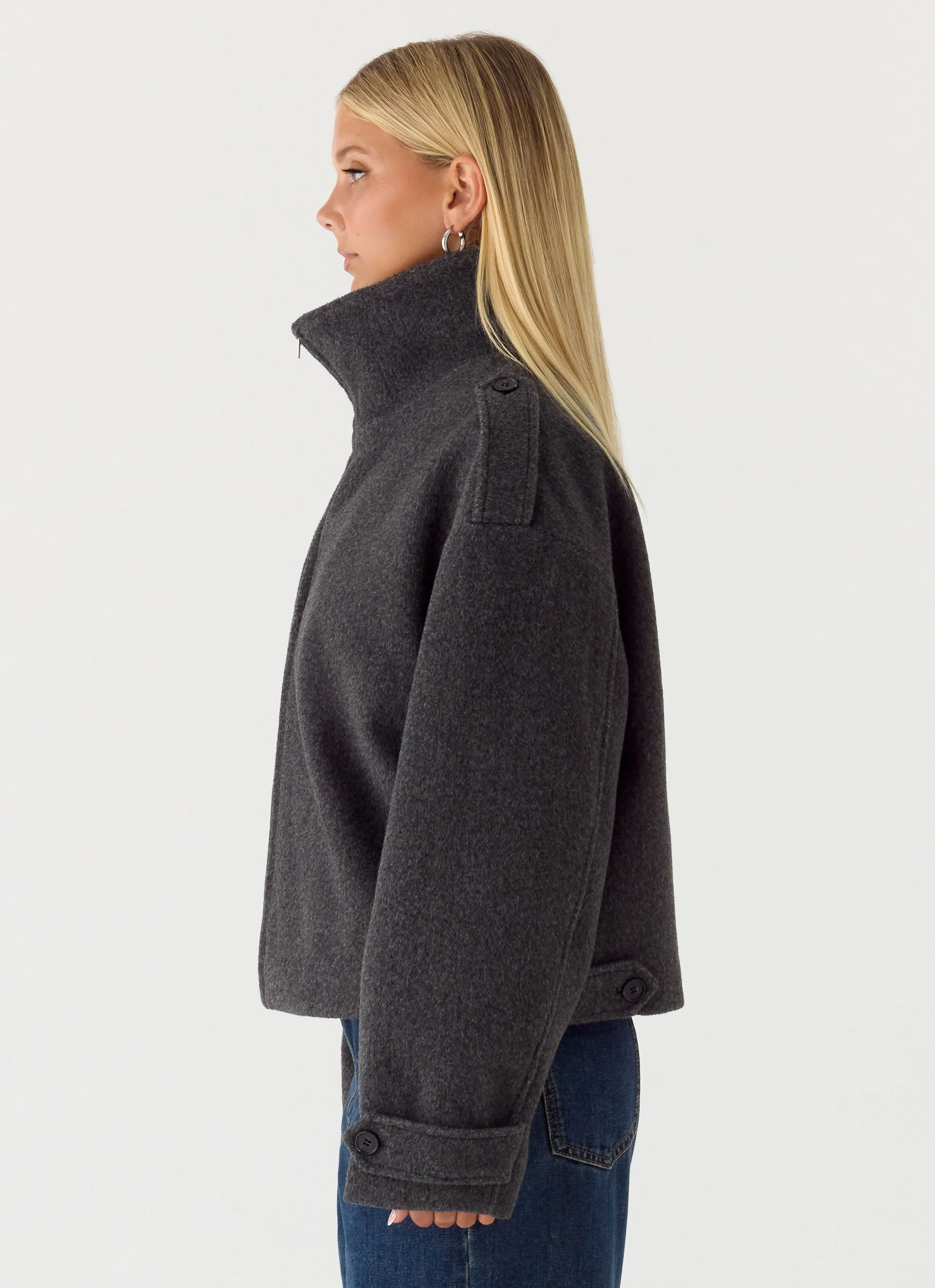 Kaiden Faux Wool Bomber Jacket - Charcoal - Image 3