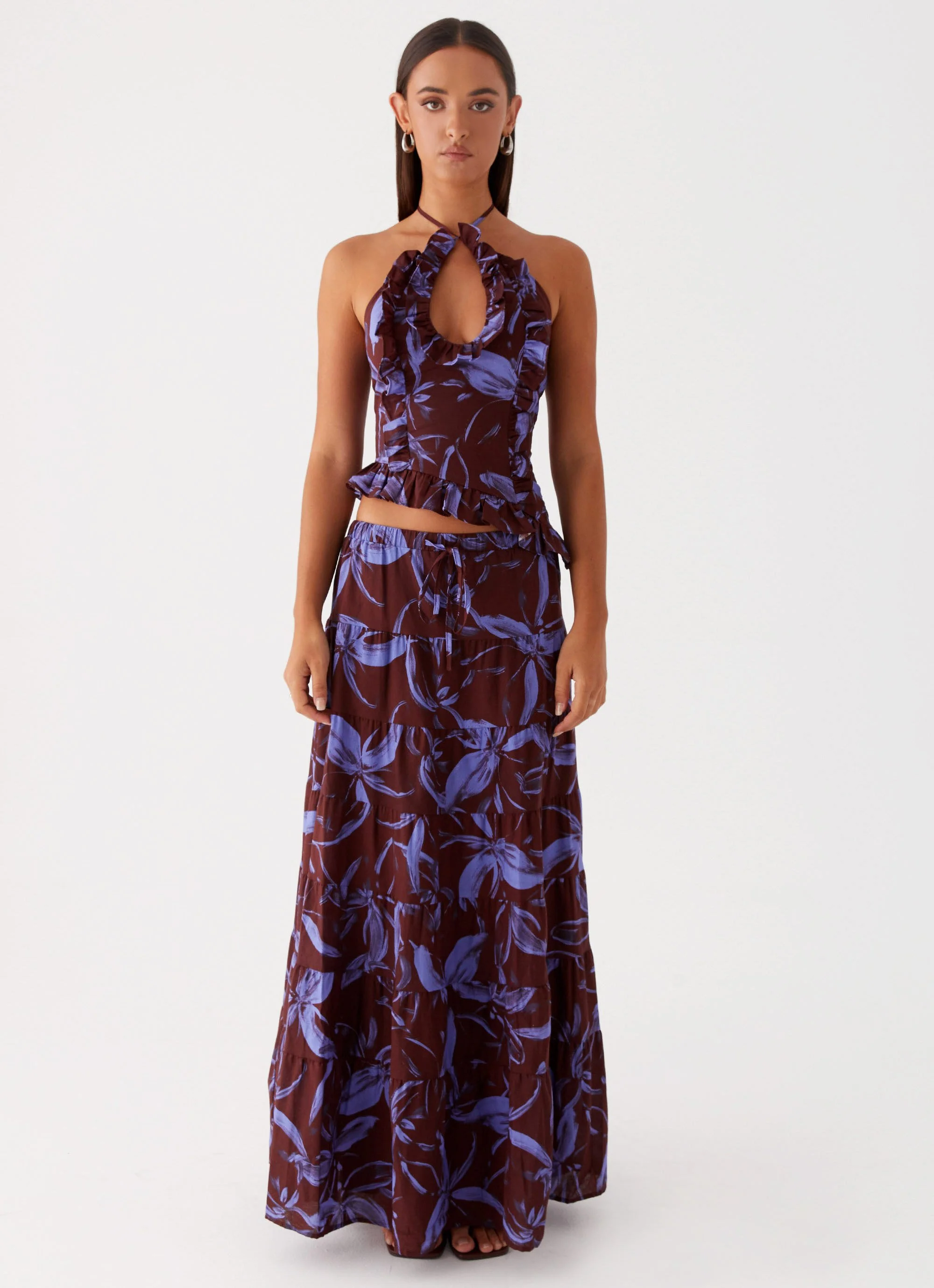 Mariella Linen Maxi Skirt - Purple Brown Floral - Image 3