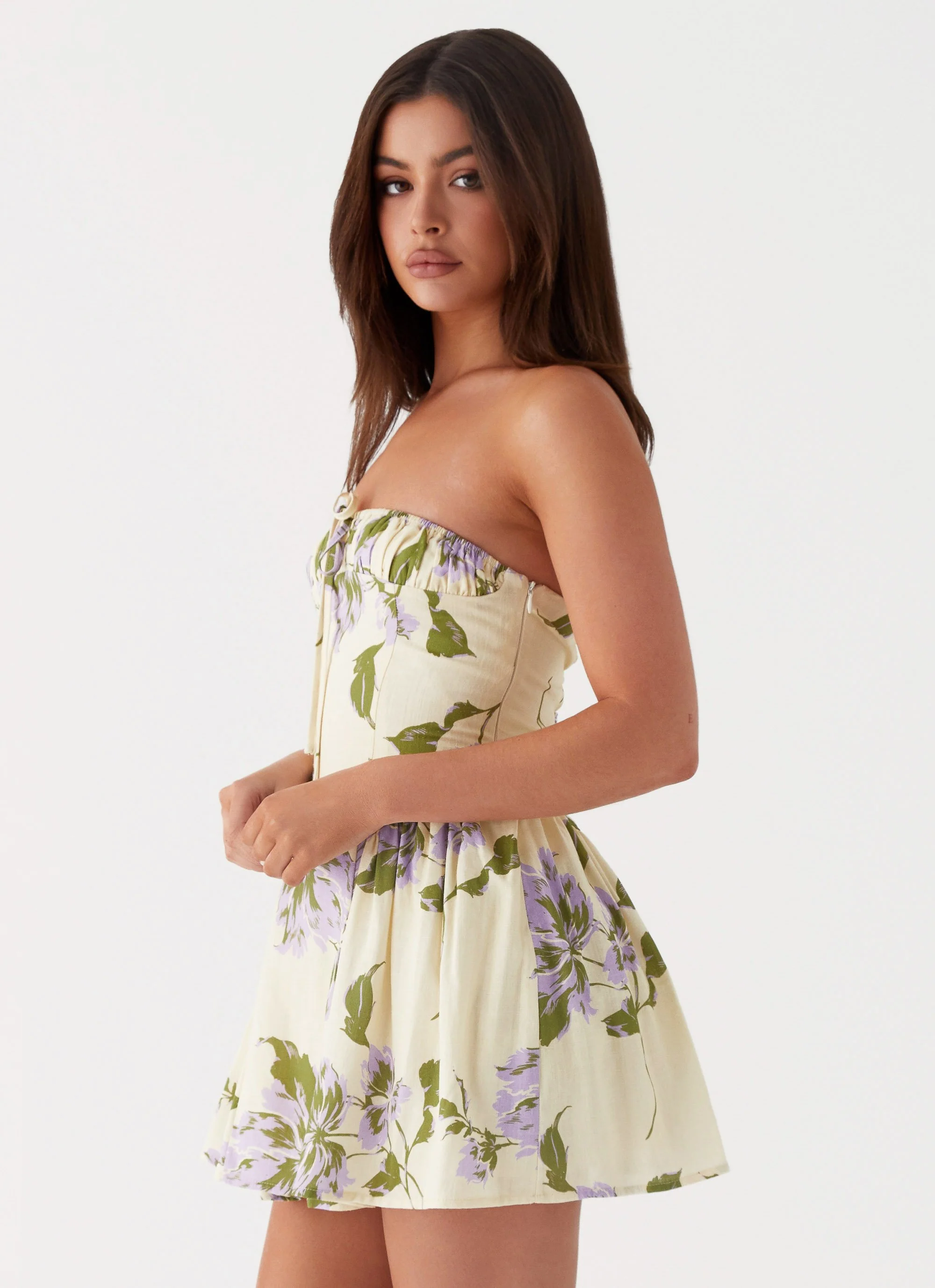 Pardon My French Linen Mini Dress - Yellow Purple Floral - Image 4