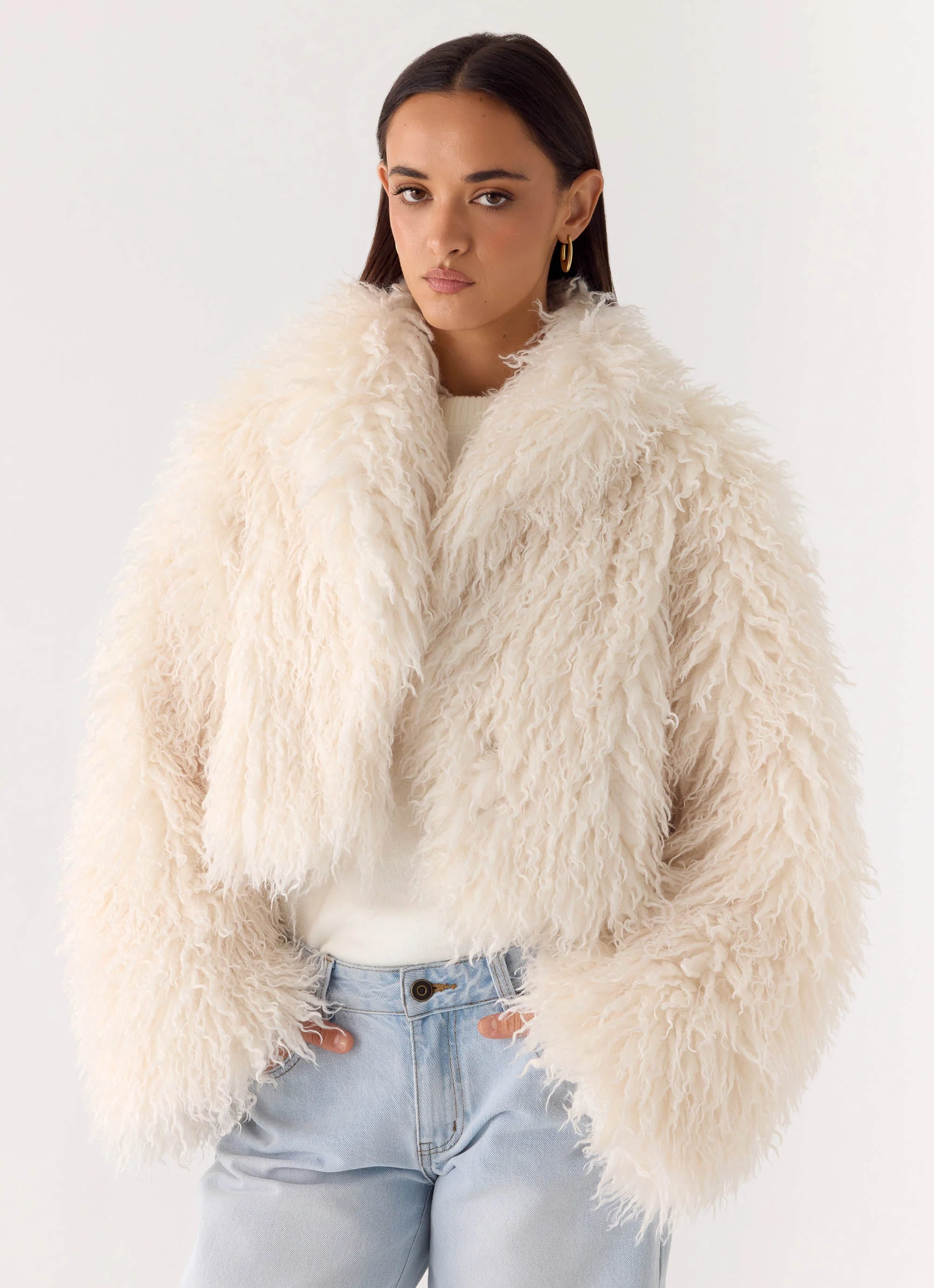 Virginia Cropped Faux Fur Jacket - Ivory - Image 3